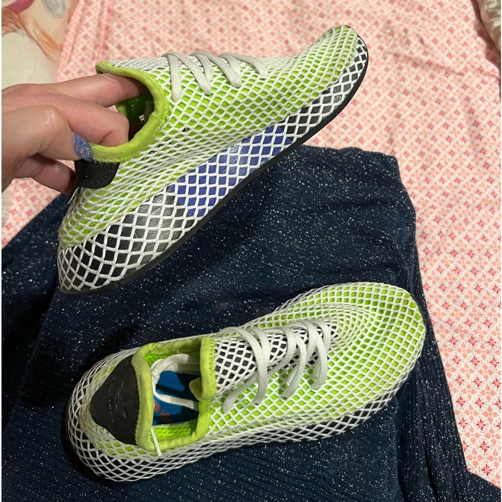 Adidas - Neon With Purple & white mesh! Size 6.5 in boys 8 to 8.5 in Women